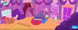 Size: 3040x1200 | Tagged: safe, artist:emiliesart, dear tabby, g4.5, my little pony: pony life, official, background, bookshelf, box, concept art, eone, gem, mannequin, musical instrument, my little pony logo, no pony, piano, rarity's house