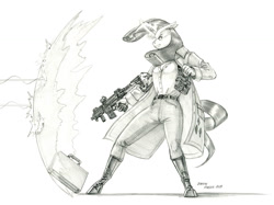 Size: 1400x1048 | Tagged: safe, artist:baron engel, rarity, unicorn, anthro, unguligrade anthro, g4, briefcase, female, force field, glowing, glowing horn, gun, horn, mare, monochrome, pencil drawing, simple background, solo, spy, story included, traditional art, weapon, white background