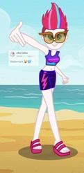 Size: 656x1350 | Tagged: safe, artist:jullea cabilao, zipp storm, equestria girls, g4, g5, my little pony: a new generation, base used, beach, clothes, equestria girls-ified, feet, female, g5 to equestria girls, g5 to g4, generation leap, sandals, shorts, sports bra, sports shorts, sunglasses, swimming trunks, swimsuit