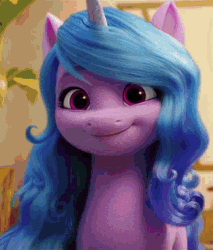 Size: 306x360 | Tagged: safe, screencap, izzy moonbow, sunny starscout, pony, unicorn, g5, my little pony: a new generation, spoiler:my little pony: a new generation, animated, blue mane, cropped, cute, eyebrows, female, gif, head shake, horn, izzybetes, looking at someone, looking at you, mare, nodding, offscreen character, open mouth, open smile, purple eyes, smiling, solo focus