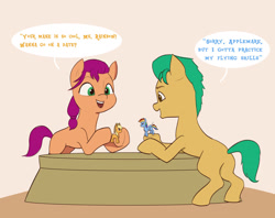 Size: 1280x1013 | Tagged: safe, artist:ddenver, applejack, hitch trailblazer, rainbow dash, sunny starscout, earth pony, pegasus, pony, g5, my little pony: a new generation, colt hitch trailblazer, cute, dialogue, duo, female, figurine, filly, filly sunny starscout, foal, lesbian, male, open mouth, playing, ship:appledash, shipper on deck, shipping, speech bubble, table, toy, younger