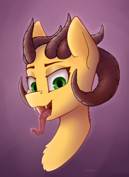 Size: 3093x4250 | Tagged: safe, artist:kviksi, applejack, demon, earth pony, pony, g4, bust, female, high res, looking at you, mare, open mouth, open smile, portrait, simple background, smiling, smiling at you, solo, tongue out, warhammer (game), warhammer 40k