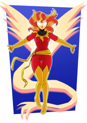 Size: 2481x3508 | Tagged: safe, artist:new-ereon, sunset shimmer, human, equestria girls, g4, boots, breasts, female, fiery shimmer, glowing, glowing eyes, high res, jean grey, shoes, solo, sunset phoenix, superhero, thigh boots