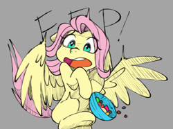 Size: 1280x951 | Tagged: safe, artist:chub-wub, fluttershy, pegasus, pony, g4, bowl, candy, crying, ears back, eep, female, floppy ears, food, gray background, halloween, holiday, mare, misleading thumbnail, missing cutie mark, open mouth, scared, screaming, simple background, solo, spread wings, startled, wings