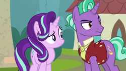 Size: 1920x1080 | Tagged: safe, screencap, firelight, starlight glimmer, pony, unicorn, g4, season 8, the parent map, duo, father and child, father and daughter, female, male, mare, stallion, starlight glimmer is not amused, unamused