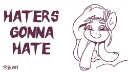 Size: 1200x675 | Tagged: safe, artist:pony-berserker, pipp petals, pegasus, pony, two legged creature, pony-berserker's twitter sketches, g5, my little pony: a new generation, haters gonna hate, lineart, meme, not salmon, pippasprite, simple background, wat, white background