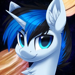 Size: 800x800 | Tagged: safe, artist:scarlet-spectrum, oc, oc only, oc:solar gizmo, pony, unicorn, blue eyes, bust, chest fluff, commission, ear fluff, eyebrows, eyebrows visible through hair, headshot commission, horn, looking at you, male, planet, portrait, smiling, smiling at you, solo, stallion, two toned mane, unicorn oc