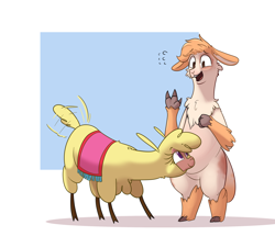 Size: 2516x2160 | Tagged: safe, artist:hitsuji, paprika (tfh), oc, oc:olli (braeburned), alpaca, them's fightin' herds, bipedal, blanket, cloven hooves, community related, duo, high res, nervous, simple background, smiling, tail, tail wag