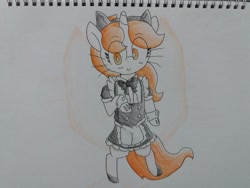 Size: 2064x1548 | Tagged: safe, artist:cherro, oc, oc only, oc:kitty kit, unicorn, semi-anthro, arm hooves, clothes, maid, smiling, solo, traditional art