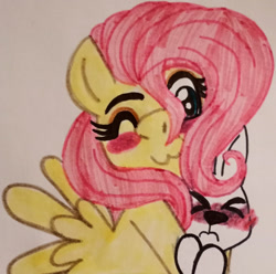 Size: 1280x1268 | Tagged: safe, artist:gtrombetta, angel bunny, fluttershy, pegasus, pony, rabbit, g4, :3, animal, blushing, cute, eyes closed, one eye closed, shyabetes, traditional art