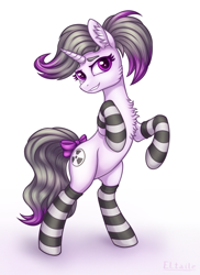Size: 1477x2024 | Tagged: safe, artist:eltaile, oc, oc only, oc:hazel radiate, pony, unicorn, bow, chest fluff, clothes, commissioner:biohazard, ear fluff, equine, eyebrows, eyelashes, female, highlights, horn, mare, ponytail, purple eyes, rearing, simple background, socks, solo, striped socks, tail, tail bow, unicorn oc, white background