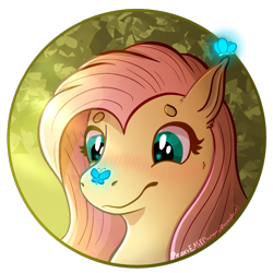 Size: 1931x1931 | Tagged: safe, artist:proxyemt, fluttershy, butterfly, pegasus, pony, g4, beanbrows, blushing, bust, butterfly on nose, cute, eyebrows, female, insect on nose, mare, shyabetes, signature, simple background, solo, transparent background