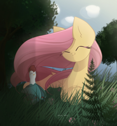 Size: 1900x2050 | Tagged: safe, artist:miryelis, fluttershy, cockatrice, pegasus, pony, g4, :3, cute, eyes closed, female, folded wings, grass, lying down, mare, outdoors, prone, shyabetes, smiling, solo, turned head, windswept mane, wings