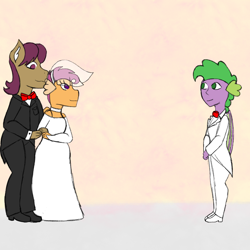 Size: 2048x2048 | Tagged: safe, artist:mintymelody, scootaloo, snap shutter, spike, dragon, anthro, g4, clothes, dragonified, dress, female, high res, male, marriage, request, scootadragon, ship:scootaspike, shipping, species swap, straight, wedding, wedding dress