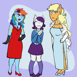 Size: 2048x2048 | Tagged: safe, artist:mintymelody, applejack, rainbow dash, rarity, anthro, g4, clothes, dress, female, high res, makeover