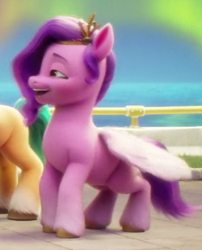 Size: 420x520 | Tagged: safe, screencap, hitch trailblazer, pipp petals, earth pony, pegasus, pony, g5, my little pony: a new generation, cropped, female, male, mare, offscreen character, open mouth, smiling, solo focus, stallion