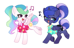 Size: 4895x3160 | Tagged: safe, artist:winnievincent, princess celestia, princess luna, alicorn, pony, between dark and dawn, g4, alternate hairstyle, clothes, cute, cutelestia, duo, duo female, female, hawaiian shirt, high res, lunabetes, mare, music notes, open mouth, open smile, royal sisters, shirt, siblings, simple background, sisters, smiling, white background