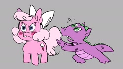 Size: 1942x1093 | Tagged: safe, artist:kyssimmee, baby lickety-split, spike (g1), dragon, earth pony, pony, g1, g4, my little pony: the movie (g1), angry, baby, baby licketybetes, baby pony, blushing, bow, cute, duo, female, filly, first tooth pony, frown, g1 spikabetes, g1 to g4, generation leap, gray background, hair bow, i'll go it alone, simple background, younger