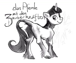 Size: 1024x862 | Tagged: safe, artist:spectralunicorn, twilight sparkle, classical unicorn, pony, unicorn, g4, butt, cloven hooves, german, grayscale, horn, leonine tail, looking back, monochrome, plot, simple background, slender, smiling, solo, thin, translated in the comments, twibutt, unicorn twilight, unshorn fetlocks, white background
