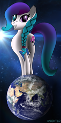 Size: 1568x3129 | Tagged: safe, artist:qnighter, oc, oc only, oc:aurora starling, pony, earth, female, galaxy, light, looking at you, magic, smiling, solo, stars, universe