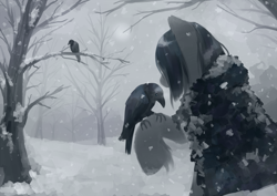 Size: 3332x2364 | Tagged: safe, artist:anonymous, oc, oc only, bird, pony, raven (bird), yakutian horse, cloak, clothes, female, forest, high res, mare, raised hoof, raised leg, snow, snow mare, snowfall, tree
