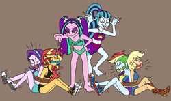 Size: 2500x1479 | Tagged: safe, artist:bugssonicx, applejack, aria blaze, rainbow dash, sonata dusk, starlight glimmer, sunset shimmer, human, equestria girls, g4, barefoot, bondage, bound and gagged, bound together, cloth gag, clothes, converse, emanata, eyes closed, feet, female, gag, geode of empathy, geode of super speed, geode of super strength, help us, magical geodes, onomatopoeia, rainbond dash, raspberry, raspberry noise, rope, rope bondage, shoes, simple background, smiling, smirk, sports bra, sports panties, stealing, stuffed gag, swimsuit, tied up, tongue out, victorious villain