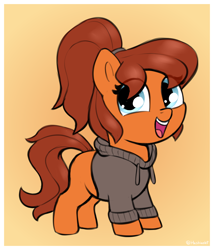 Size: 1314x1536 | Tagged: safe, artist:heretichesh, oc, oc only, oc:maven, earth pony, pony, blank flank, clothes, cute, eye clipping through hair, female, filly, gradient background, happy, hoodie, ocbetes, open mouth, open smile, smiling, solo