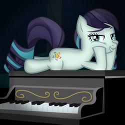 Size: 1920x1920 | Tagged: safe, artist:clamstacker, artist:gatesmccloud, artist:grapefruit-face, coloratura, earth pony, pony, g4, bedroom eyes, explicit description, grand piano, hooves on cheeks, looking at you, lying down, musical instrument, piano, prone, rara, seductive look, seductive pose, show accurate, solo