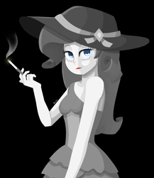 Size: 1692x1950 | Tagged: safe, artist:biocrine, rarity, equestria girls, g4, black and white, black background, cigarette, fall formal outfits, female, grayscale, looking at you, monochrome, neo noir, partial color, simple background