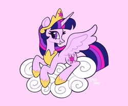Size: 2048x1699 | Tagged: safe, artist:squididdlee, twilight sparkle, alicorn, pony, g4, cloud, crown, cute, female, hoof shoes, jewelry, mare, older, older twilight, on a cloud, peytral, pink background, profile, regalia, simple background, smiling, solo, twiabetes, twilight sparkle (alicorn)