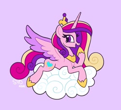 Size: 2045x1855 | Tagged: safe, artist:squididdlee, princess cadance, alicorn, pony, g4, cloud, crown, cute, cutedance, female, jewelry, lying down, mare, on a cloud, open mouth, profile, prone, purple background, regalia, simple background, solo