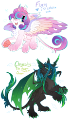 Size: 916x1610 | Tagged: safe, artist:hioshiru, princess flurry heart, queen chrysalis, alicorn, hybrid, pony, sphinx, g4, ethereal mane, jewelry, looking at you, paw pads, paws, species swap, sphinxified