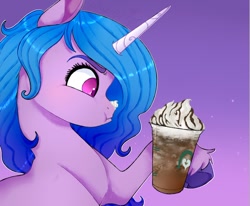 Size: 960x791 | Tagged: safe, artist:woollyart, izzy moonbow, pony, unicorn, g5, my little pony: a new generation, bust, coffee cup, colored pupils, cup, cute, female, food, frappuccino, gradient background, hoof hold, izzybetes, looking at something, mare, profile, puffy cheeks, raised hoof, solo, unshorn fetlocks, whipped cream