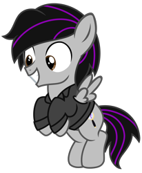 Size: 2780x3370 | Tagged: safe, artist:strategypony, oc, oc only, oc:skynight sleuth, pegasus, pony, clothes, colt, flying, high res, jacket, leather jacket, male, pegasus oc, simple background, smiling, transparent background, younger