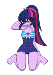 Size: 1000x1407 | Tagged: safe, artist:howxu, sci-twi, twilight sparkle, human, equestria girls, equestria girls specials, g4, my little pony equestria girls: better together, my little pony equestria girls: forgotten friendship, bare shoulders, clothes, commission, humanized, looking at you, sci-twi swimsuit, simple background, sleeveless, solo, swimsuit, transparent background