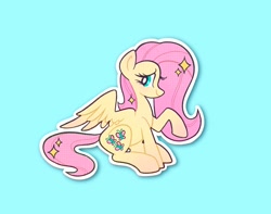 Size: 2048x1616 | Tagged: safe, artist:squididdlee, fluttershy, pegasus, pony, g4, aside glance, blue background, blushing, cute, daaaaaaaaaaaw, female, looking at you, mare, outline, profile, raised hoof, shyabetes, simple background, sitting, smiling, solo, sparkles, sparkling mane, spread wings, teal background, white outline, wings