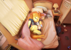 Size: 1920x1362 | Tagged: safe, artist:brainiac, artist:captainhoers, spitfire, oc, oc:concorde, pony, firestarter spitfire, baby, baby pony, bed, collaboration, cute, digital art, digital painting, duo, female, filly, foal, frog (hoof), link in description, mare, mother and child, mother and daughter, offspring, overhead view, pacifier, parent:soarin', parent:spitfire, parents:soarinfire, underhoof, wholesome
