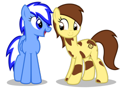 Size: 4000x2850 | Tagged: safe, alternate version, artist:strategypony, oc, oc only, oc:sandy sweet, oc:sirius, earth pony, pegasus, pony, 2022 community collab, derpibooru community collaboration, blue eyes, brown eyes, brown mane, brown tail, duo, duo female, earth pony oc, eye contact, female, folded wings, full body, high res, looking at each other, mare, mottled coat, open mouth, open smile, pegasus oc, shadow, show accurate, simple background, smiling, standing, tail, transparent background, two toned mane, two toned tail, wings