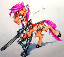 Size: 3084x2776 | Tagged: safe, artist:creature.exist, oc, oc only, oc:create.exist, cyborg, cyborg pony, earth pony, pony, amputee, chainsaw, cyber legs, ear fluff, high res, photo, prosthetic limb, prosthetics, simple background, solo, traditional art, unshorn fetlocks, white background
