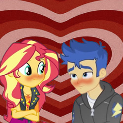 Size: 1080x1080 | Tagged: safe, artist:themexicanpunisher, flash sentry, sunset shimmer, equestria girls, g4, blushing, female, male, ship:flashimmer, shipping, straight