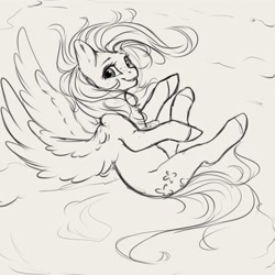 Size: 4000x4000 | Tagged: safe, artist:miokomata, fluttershy, pegasus, pony, absurd resolution, aside glance, blushing, chest fluff, cute, daaaaaaaaaaaw, female, flying, freckles, freckleshy, grayscale, looking at you, mare, monochrome, open mouth, open smile, shyabetes, simple background, sketch, smiling, smiling at you, solo, spread wings, white background, wings
