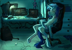 Size: 2000x1400 | Tagged: safe, artist:alexsvnn, oc, oc only, pony, unicorn, backpack, chair, chest fluff, computer, lamp, laptop computer, sitting, solo