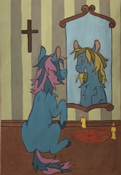 Size: 1125x1613 | Tagged: safe, artist:alexsvnn, oc, oc only, earth pony, pony, candle, mirror, pentagram, solo