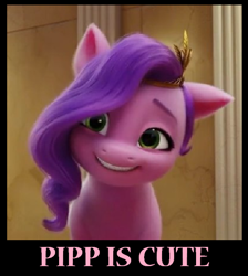 Size: 506x564 | Tagged: safe, edit, edited screencap, screencap, pipp petals, pegasus, pony, g5, my little pony: a new generation, spoiler:my little pony: a new generation, adorapipp, captain obvious, cropped, cute, facts, female, grin, mare, smiling, solo, truth