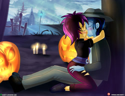 Size: 1500x1159 | Tagged: safe, artist:dieart77, sunset shimmer, oc, costume conundrum, equestria girls, g4, my little pony equestria girls: better together, blushing, candle, canon x oc, clothes, commission, duo, eyes closed, female, fence, halloween, holiday, jack-o-lantern, kissing, male, pants, pumpkin, streetlight
