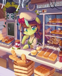 Size: 3347x4096 | Tagged: safe, artist:saxopi, oc, oc only, pony, unicorn, apron, bread, cinnamon bun, clothes, female, food, jam, leaves, looking at you, mare, shirt, smiling, smiling at you, solo