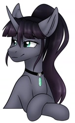 Size: 997x1629 | Tagged: safe, artist:zahsart, oc, oc only, oc:kasimira edeltraud, pony, unicorn, choker, crystal, jewelry, pendant, simple background, smiling, solo, white background