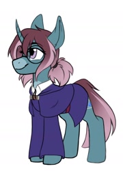 Size: 1106x1540 | Tagged: safe, artist:zahsart, oc, oc only, pony, unicorn, clothes, curved horn, glasses, horn, simple background, smiling, solo, white background