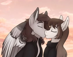 Size: 2270x1777 | Tagged: safe, artist:zahsart, oc, oc only, oc:hickory, oc:vantage, earth pony, pegasus, pony, clothes, eyes closed, kissing, spread wings, sweater, wings