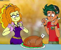 Size: 1280x1047 | Tagged: safe, artist:rdj1995, adagio dazzle, timber spruce, bird, turkey, equestria girls, g4, cooked, duo, female, fork, holiday, knife, male, shipping, straight, thanksgiving, timberdazzle